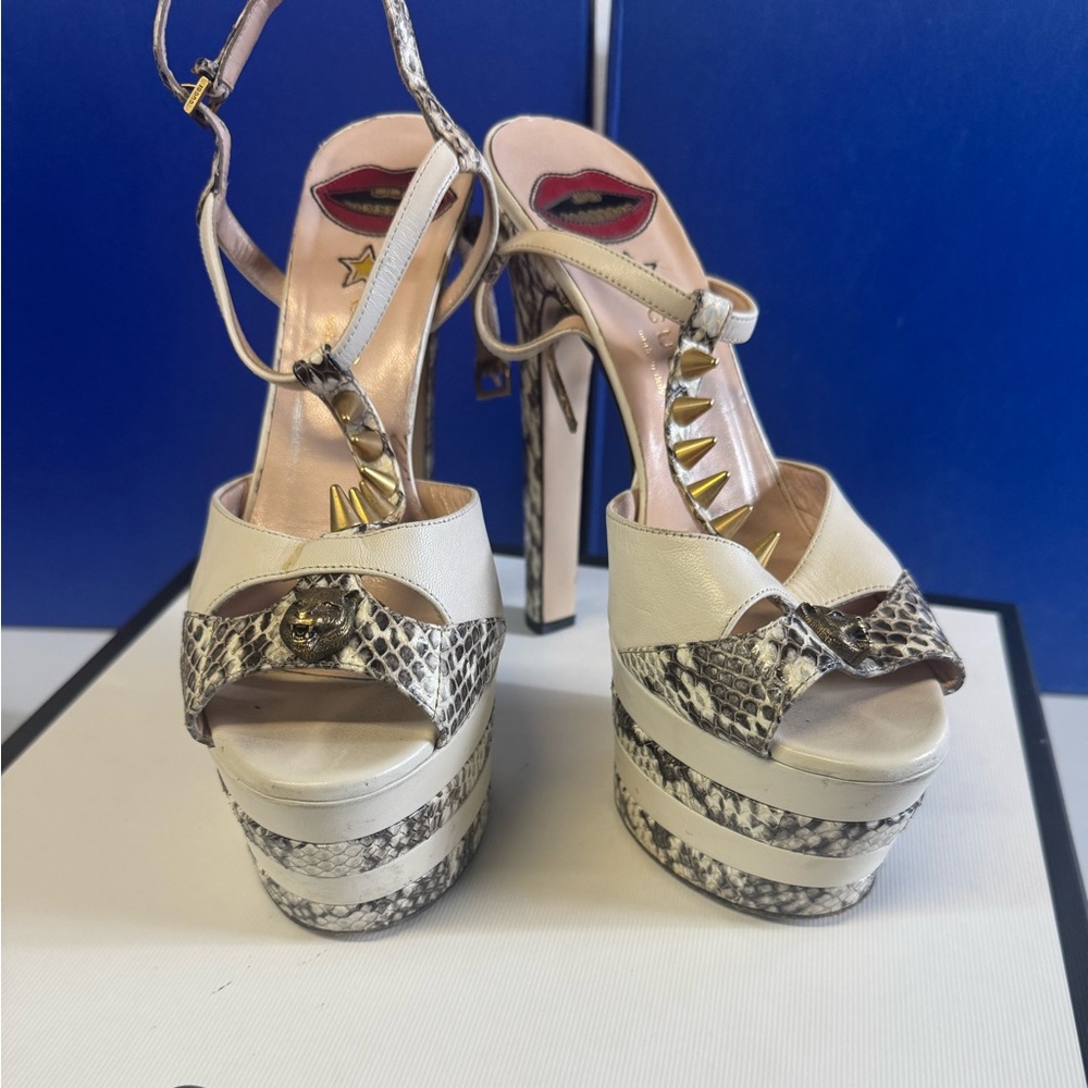 Gucci Angel Platform - Ivory Snakeskin Tiger Spike